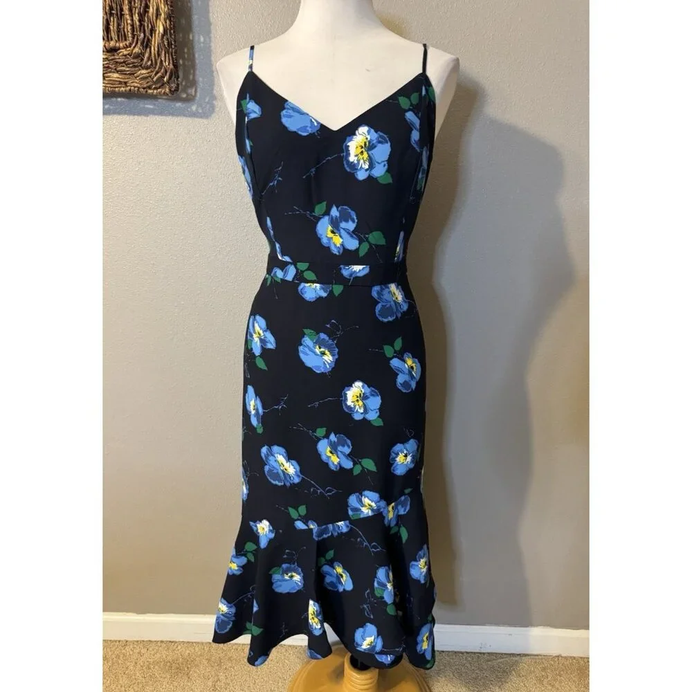 Banana Republic Slip Dress 12 Blue Black Washable Flowy Floral Midi Sleeveless